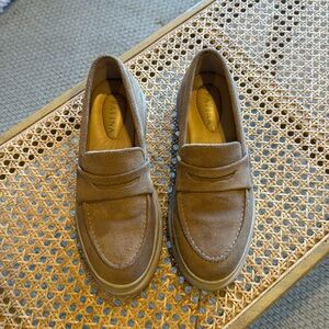 Patina tan suede chunky heel loafers
